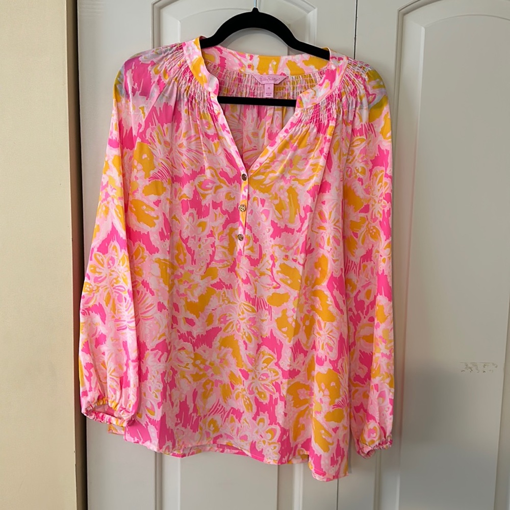 Lilly Pulitzer Royal Pink Ooh La La Elsa 100% Silk Top